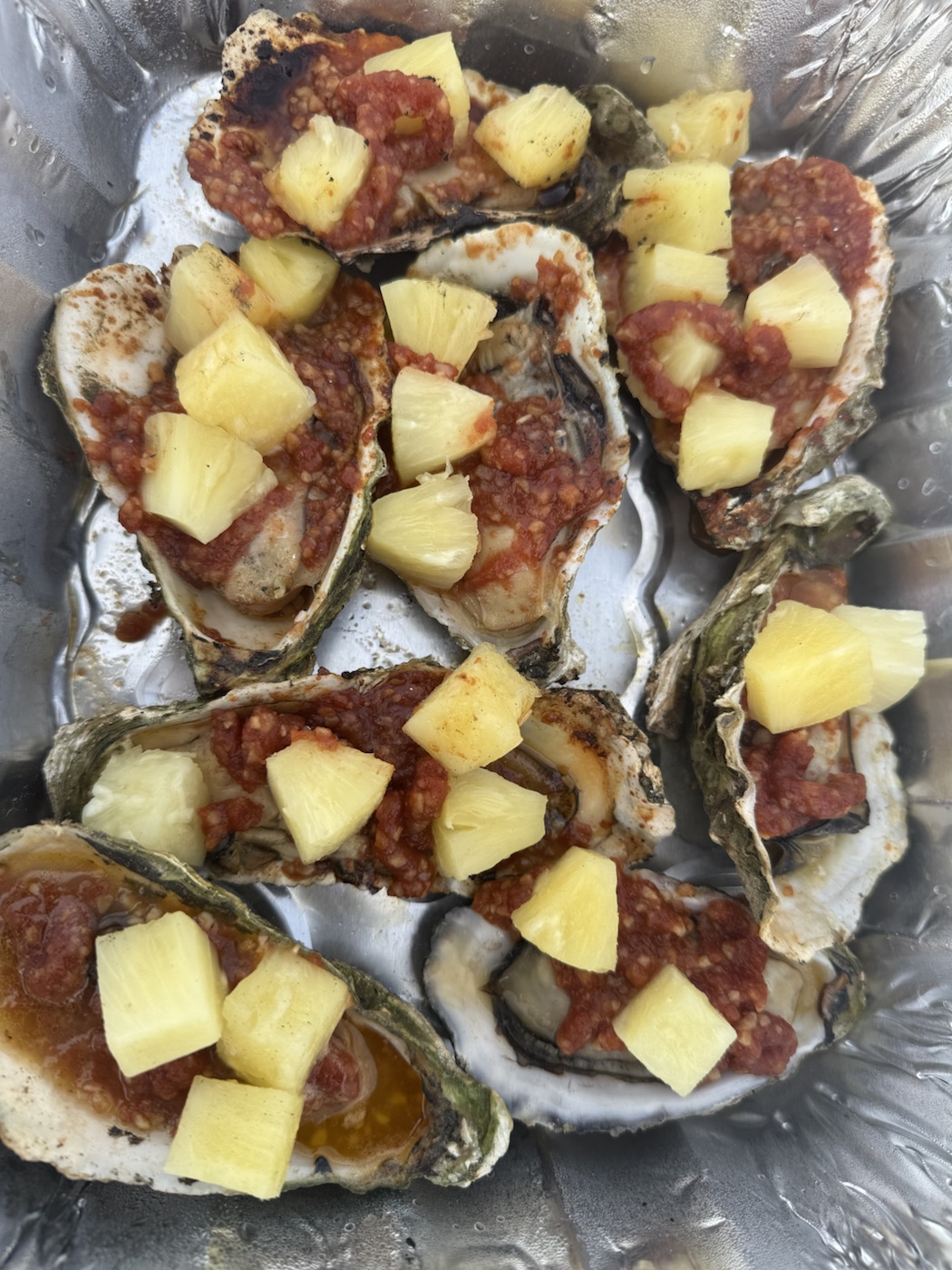 Lowcountry oysters with pineapple toppings