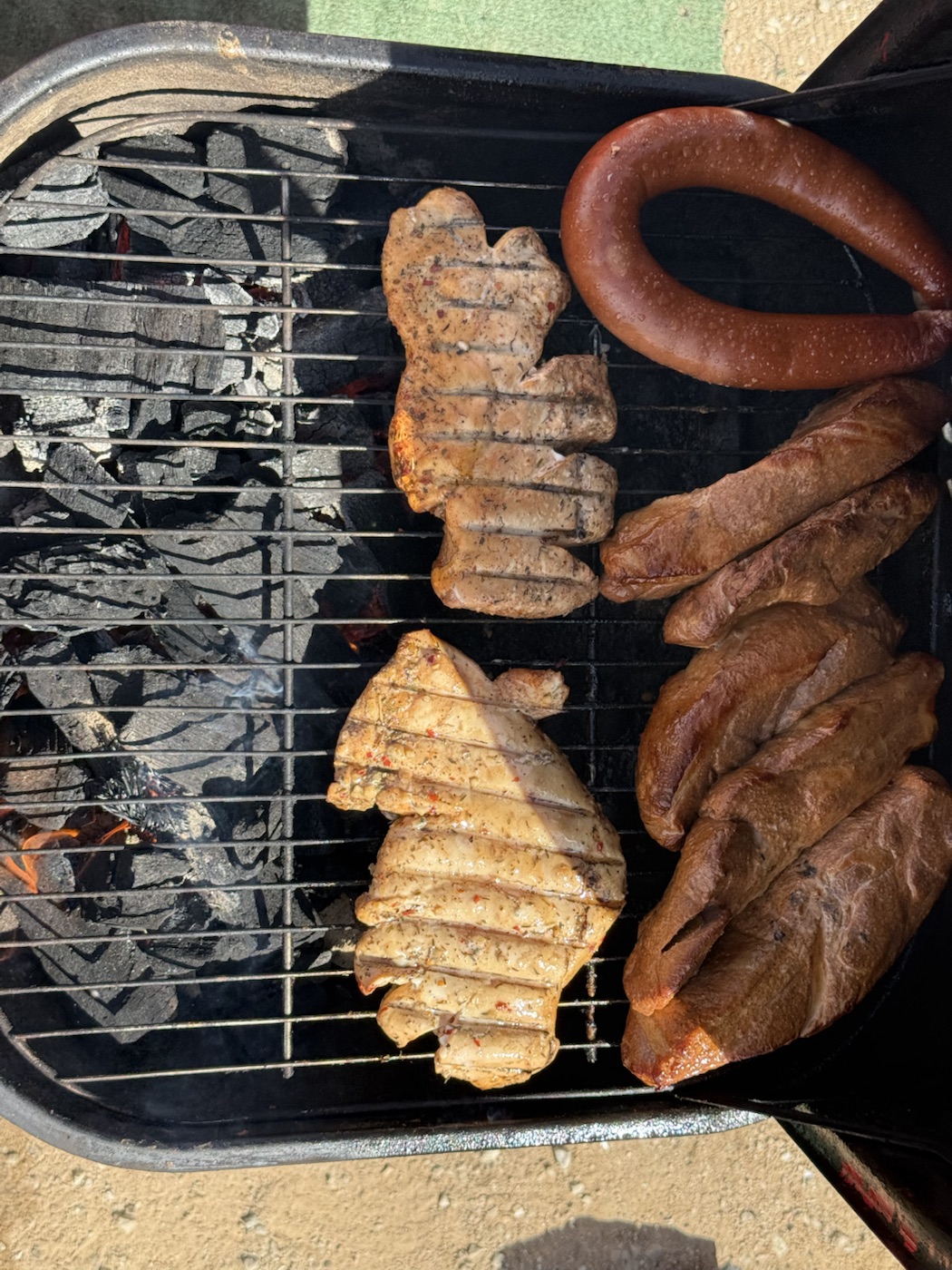 Mixed meats cooking on the Mojave 66 grill